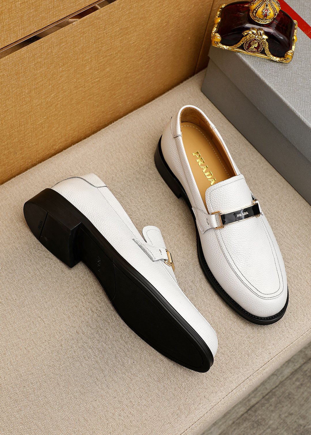PRADA White Leather Loafers — front