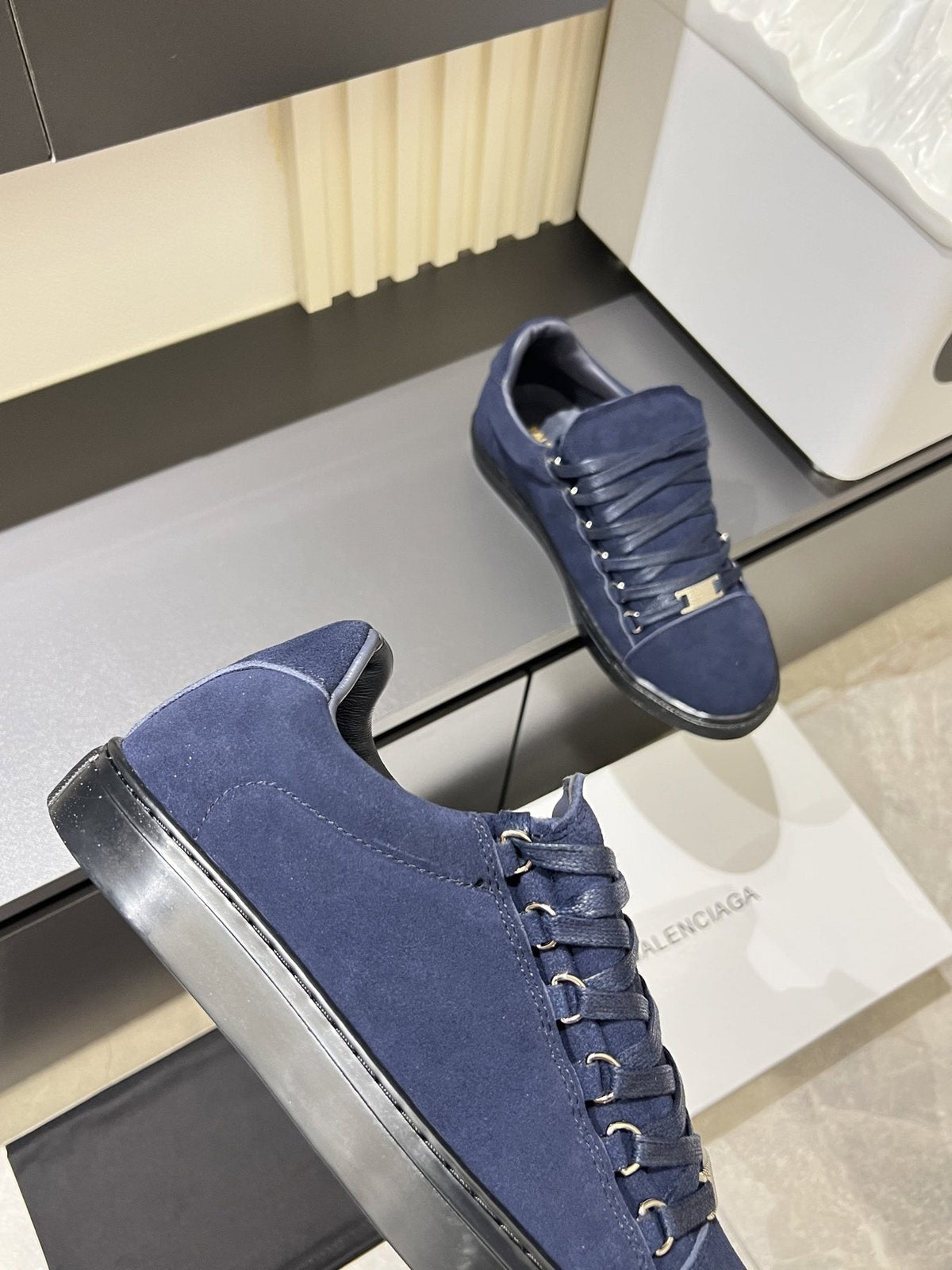 Balenciaga Navy Blue Textured Low-Top Sneakers — detail