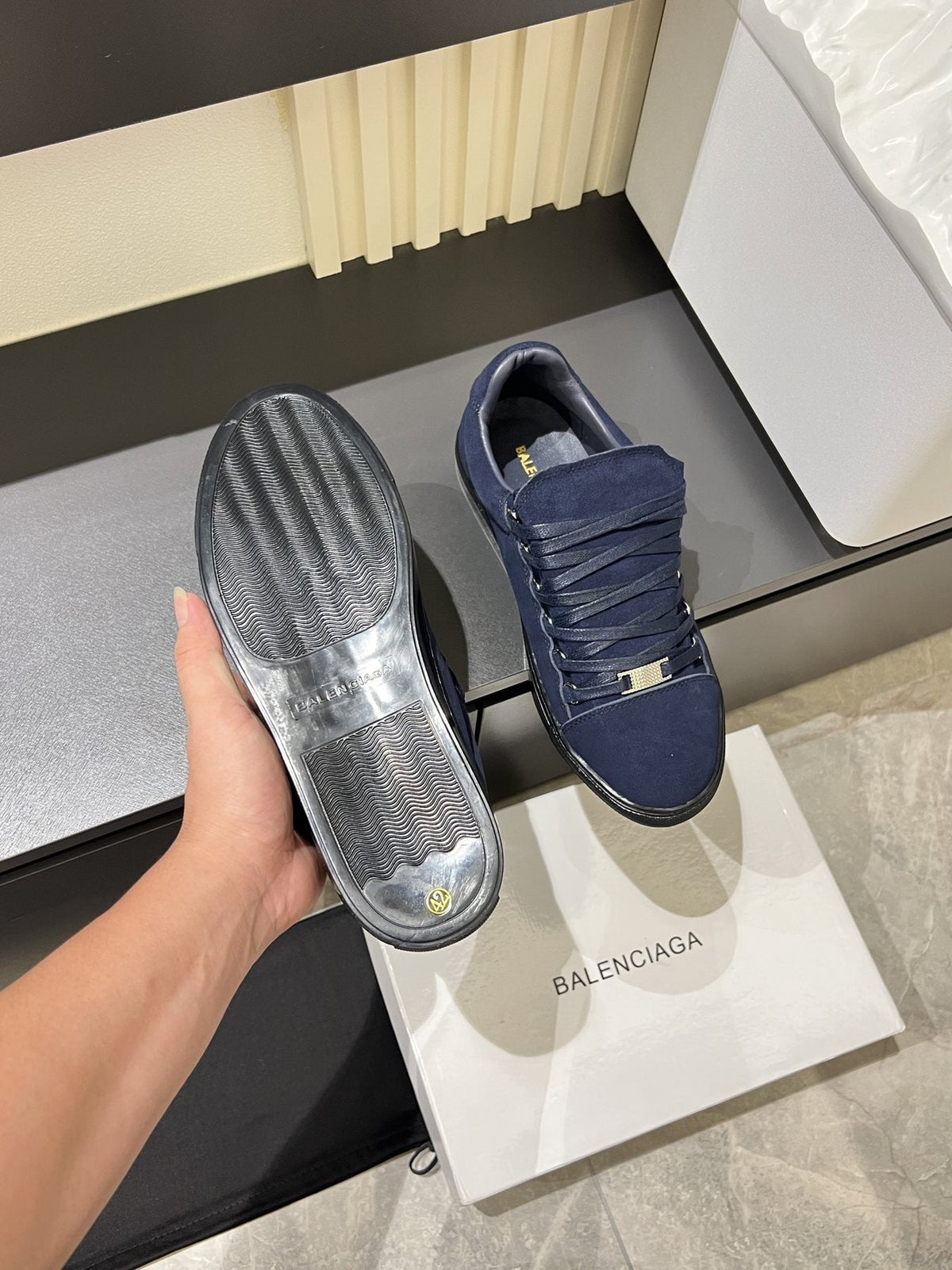 Balenciaga Navy Blue Textured Low-Top Sneakers — detail