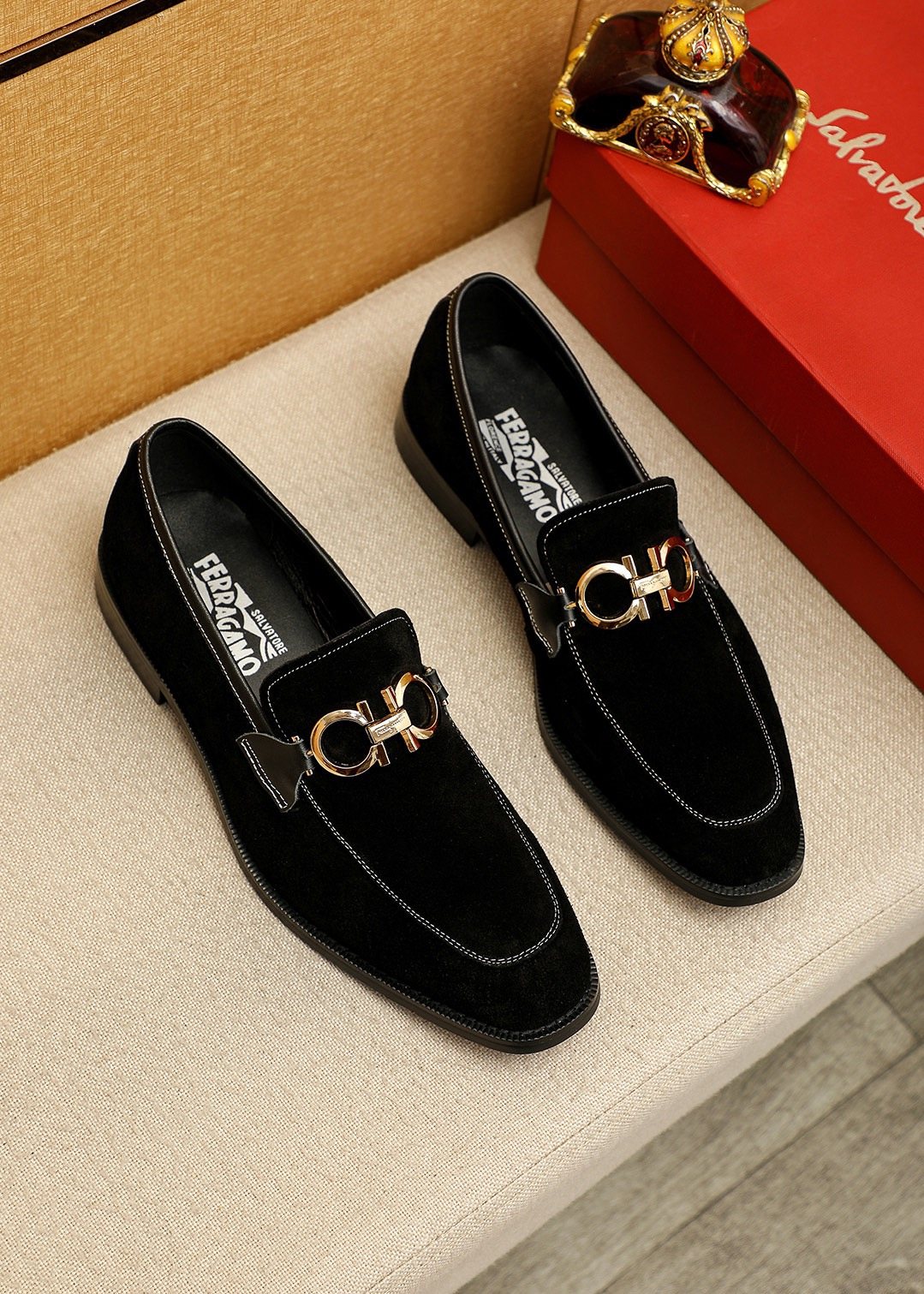Ferragamo Black Metal-Accent Loafers — front