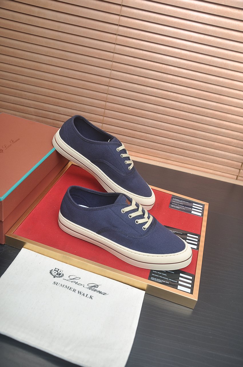 Loro Piana Navy Lace-Up Sneakers — front