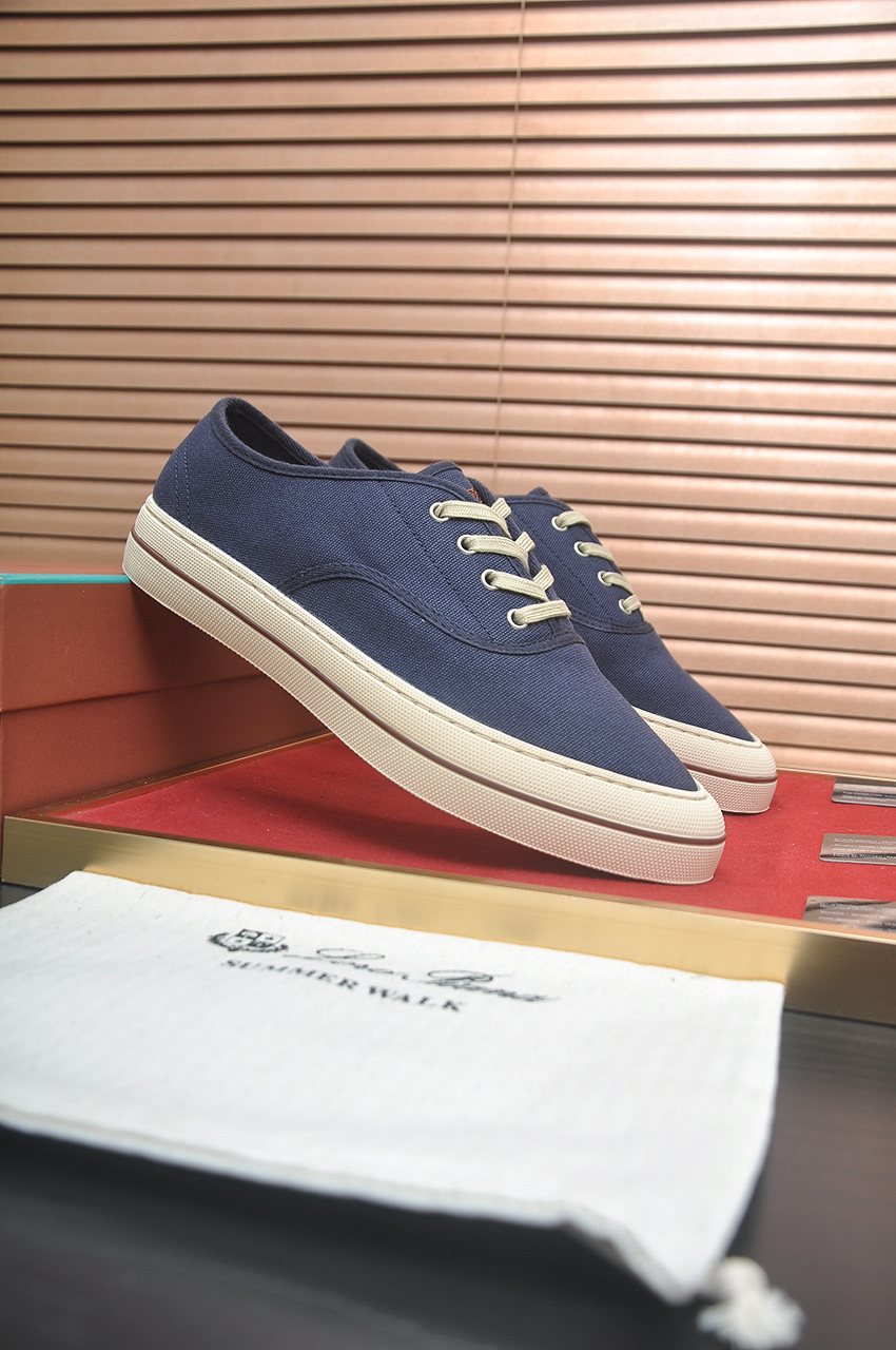 Loro Piana Navy Lace-Up Sneakers — side