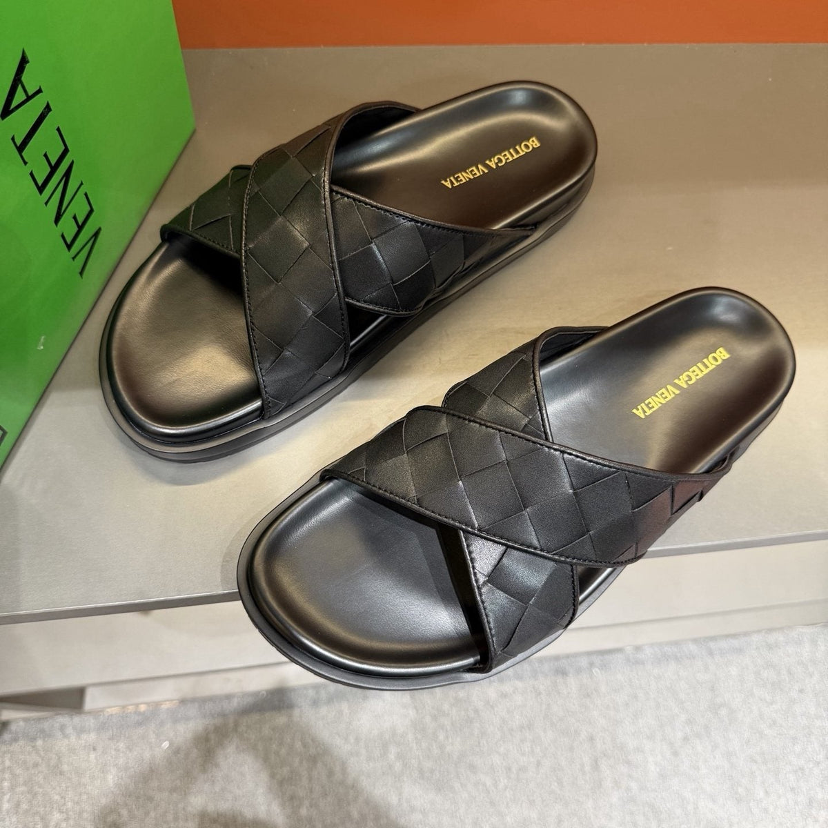 Bottega Veneta Black Woven Slide Sandals — front