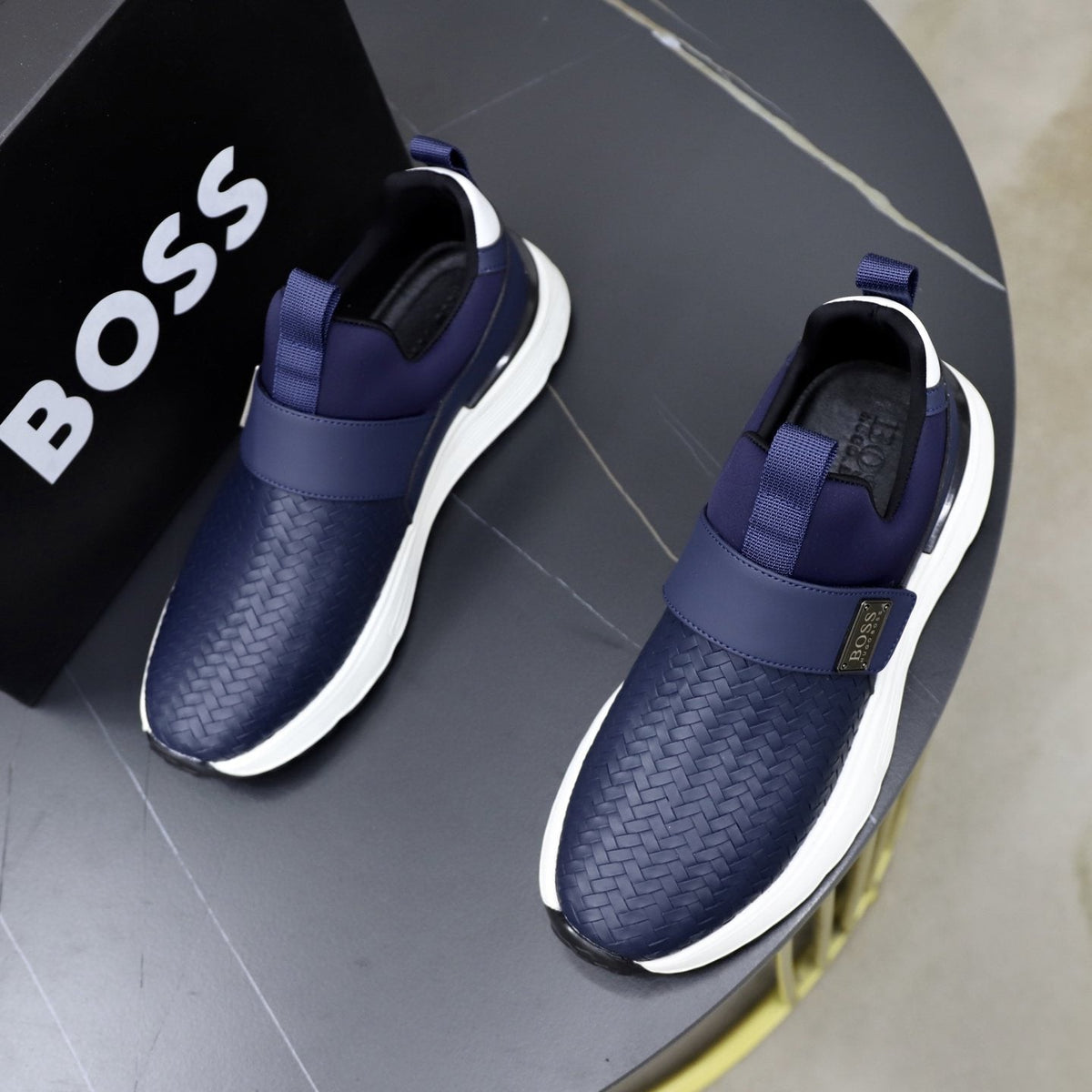 BOSS Navy Textured Slip-On Sneakers — front