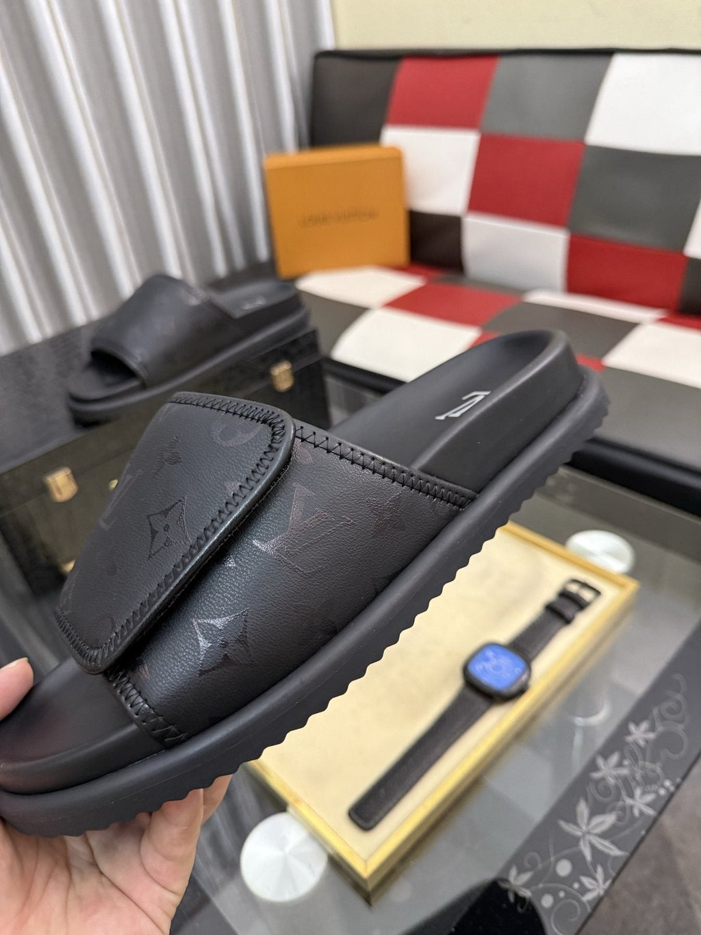 Louis Vuitton Black Monogram Slide Sandals — side