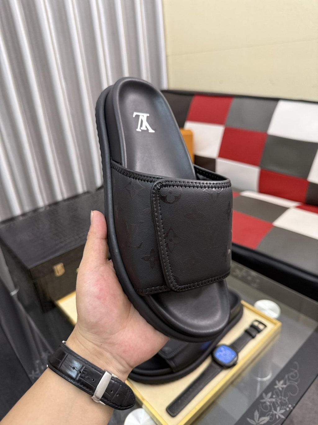 Louis Vuitton Black Monogram Slide Sandals — model