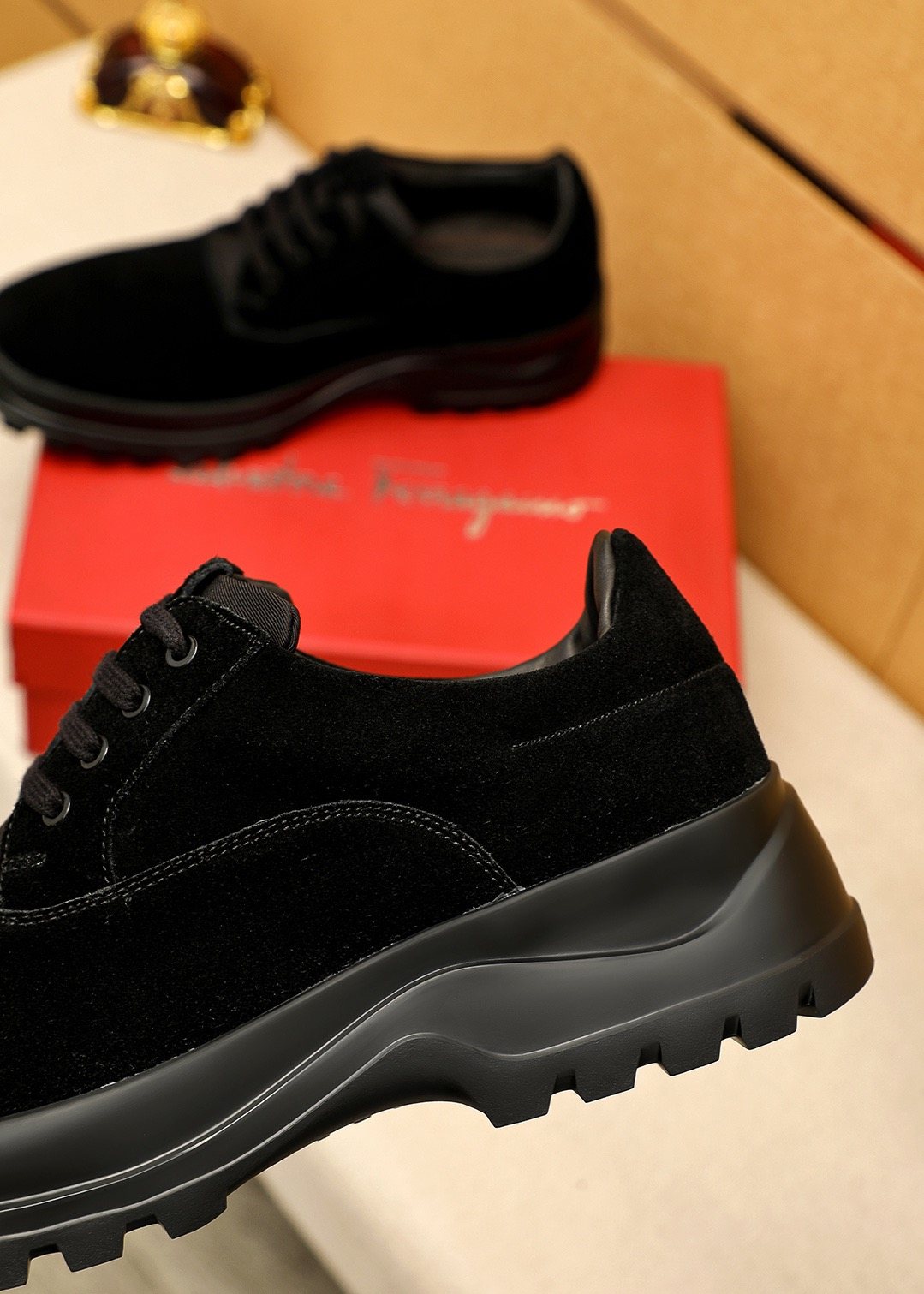 Ferragamo Black Lug Sole Lace-Up Shoes — detail