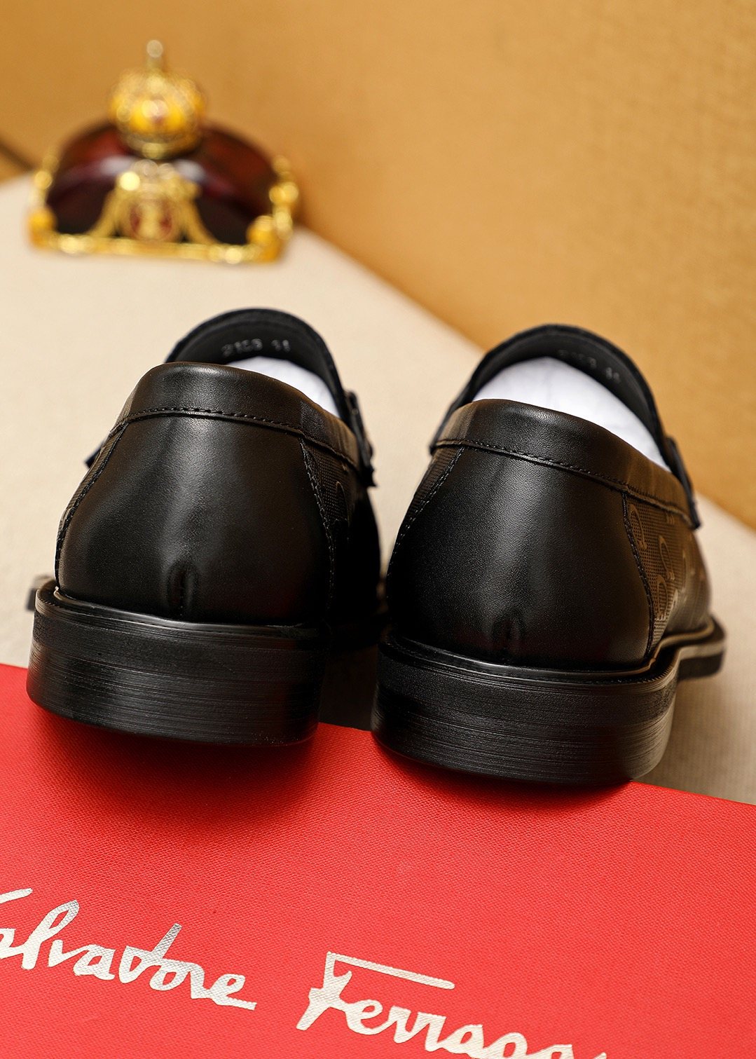 Ferragamo Black Embossed Buckle Loafers — back