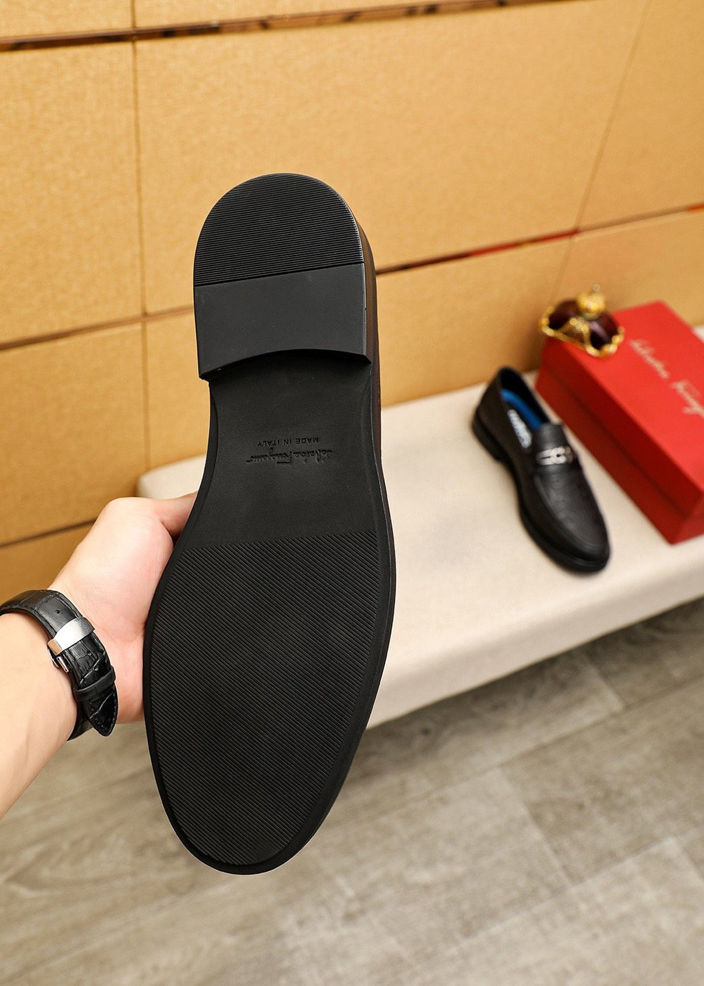 Ferragamo Black Embossed Buckle Loafers — detail