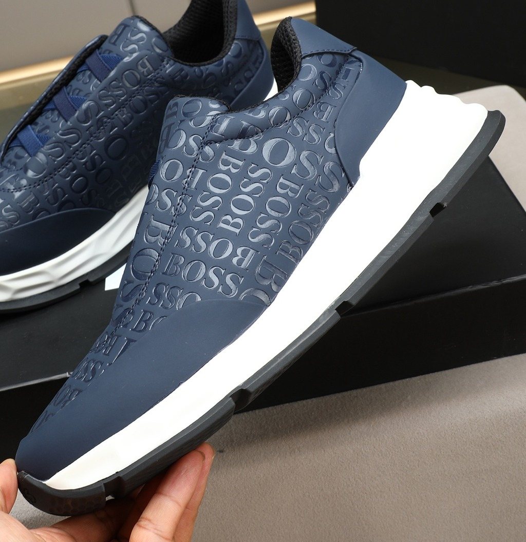 BOSS Navy Textured Slip-On Sneakers — front