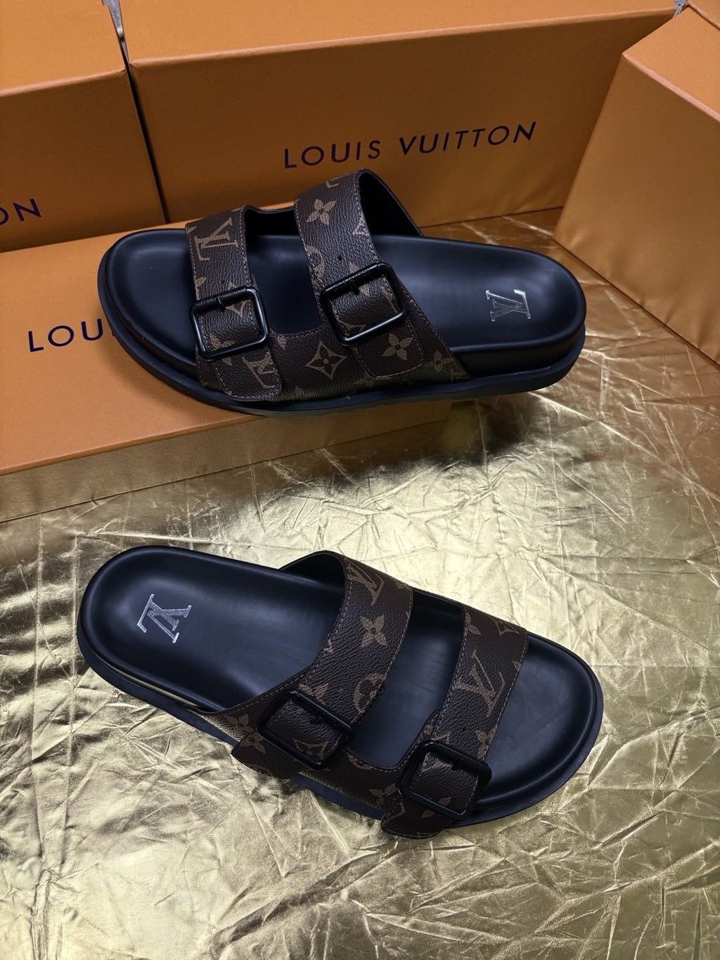 Louis Vuitton Monogram Double-Buckle Slide Sandals — side