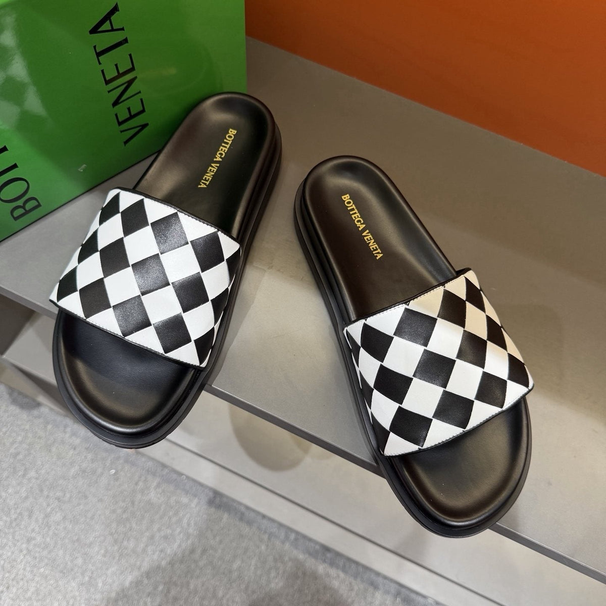 Bottega Veneta Checkerboard Slide Sandals — front