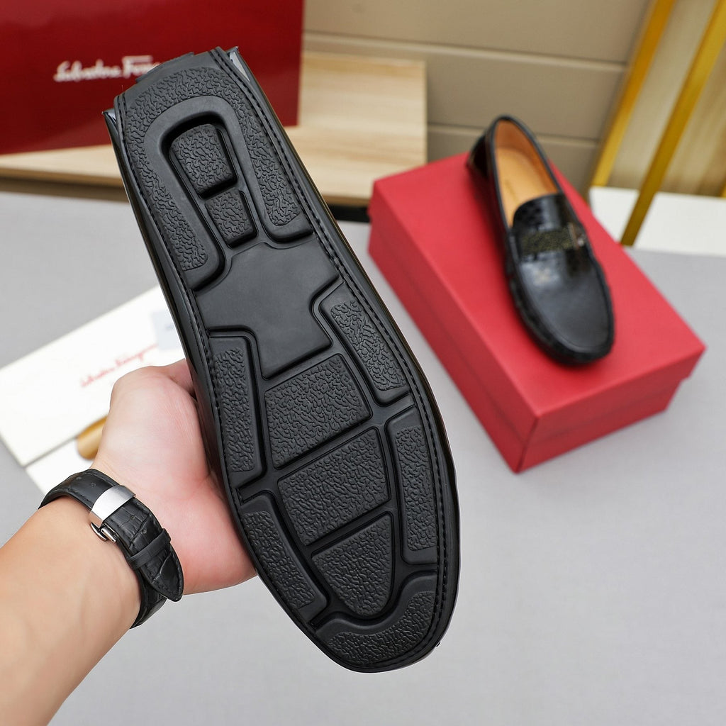 Ferragamo Black Embossed Slip-On Loafers — back