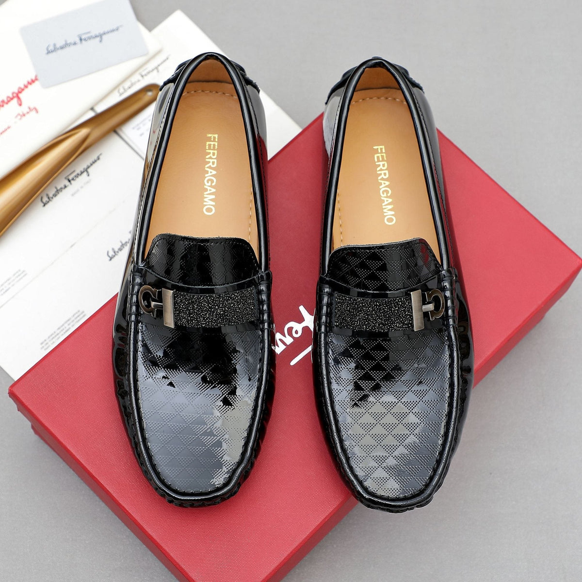 Ferragamo Black Embossed Slip-On Loafers — hero