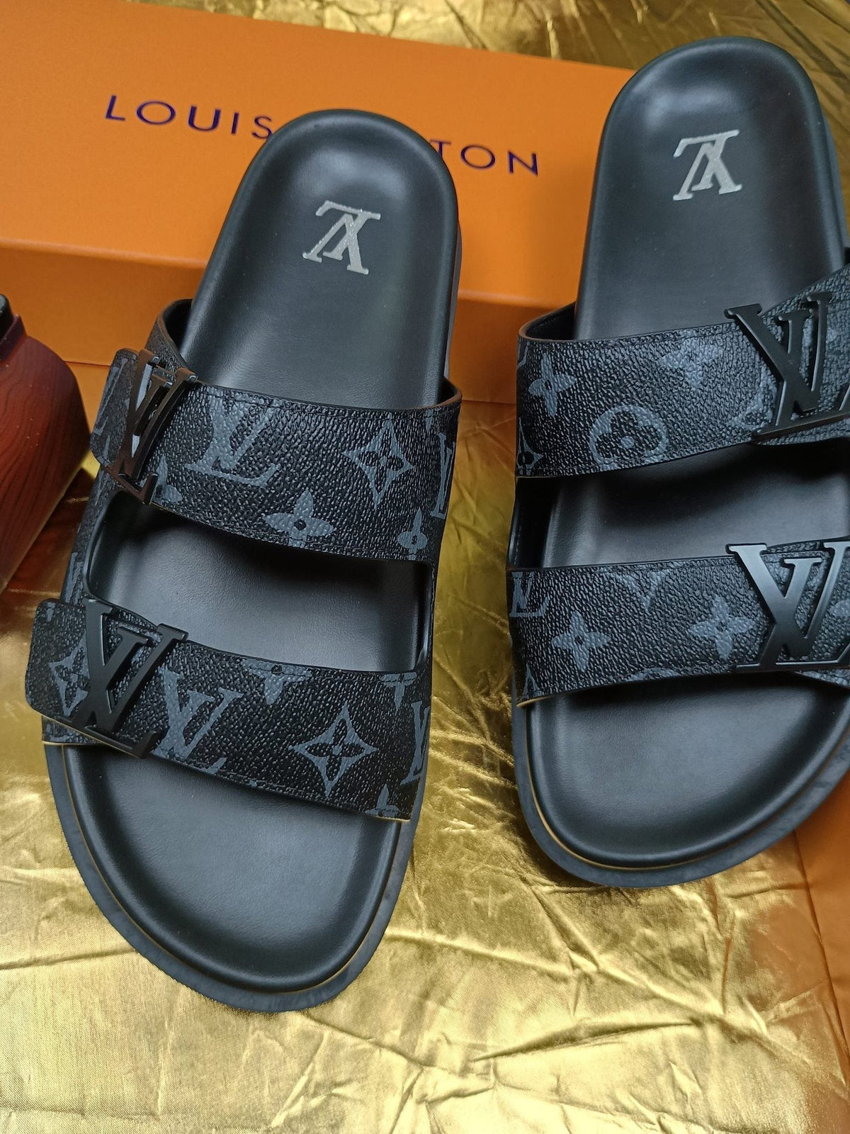 Louis Vuitton Dark Gray Monogram Slide Sandals — hero