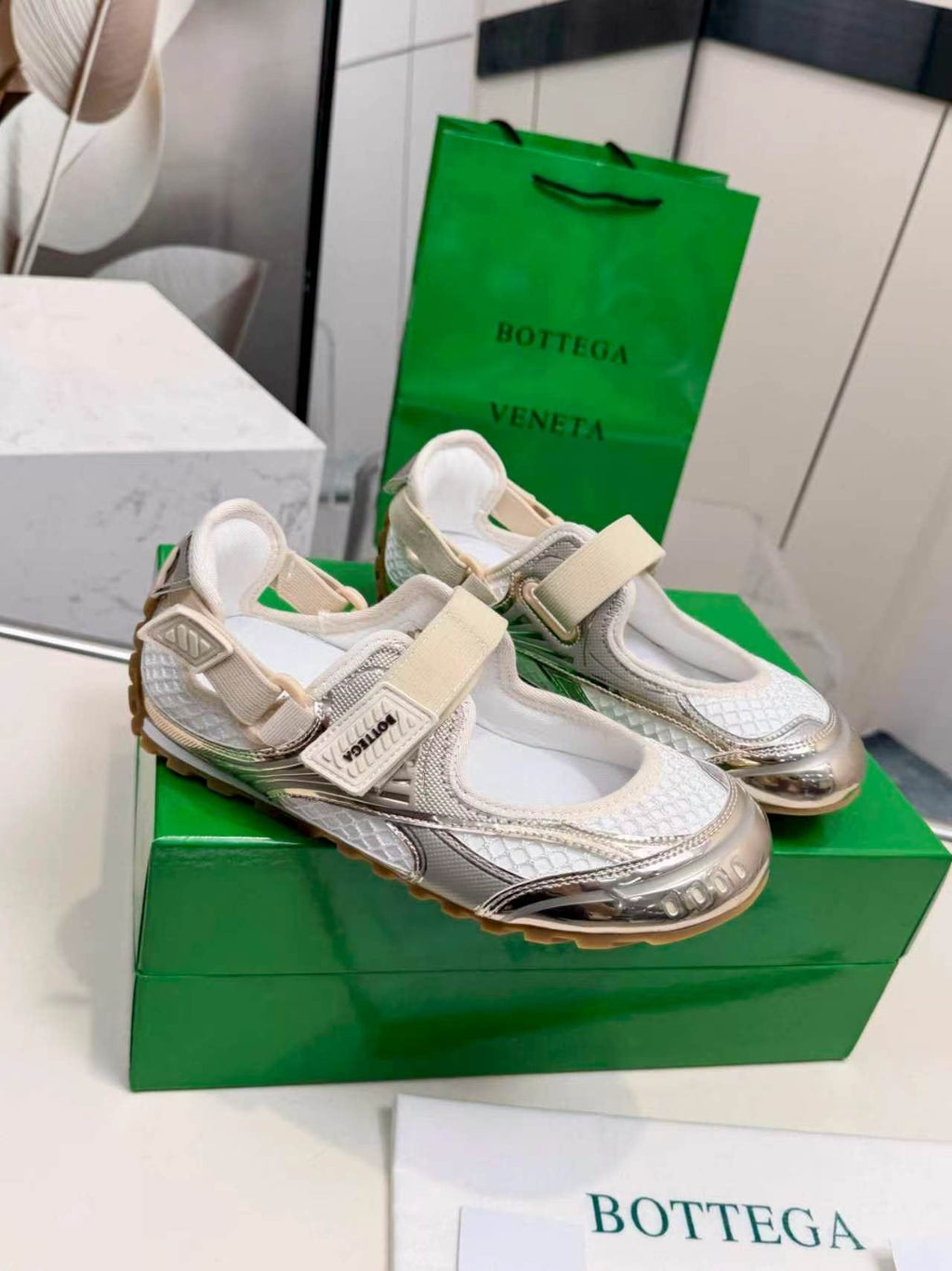 Bottega Veneta White & Silver Strap Low-Top Sneakers — side