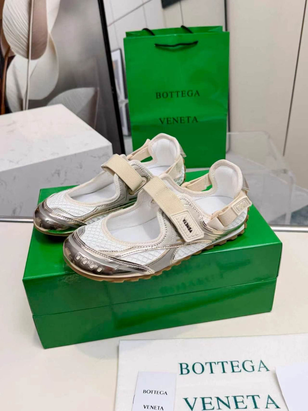 Bottega Veneta White & Silver Strap Low-Top Sneakers — front
