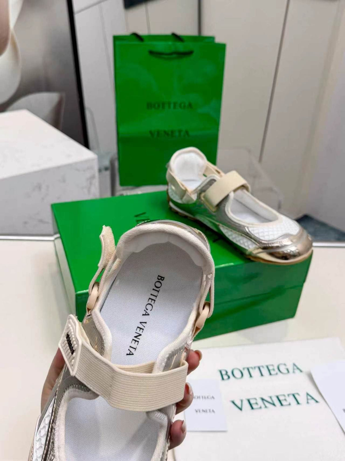 Bottega Veneta White & Silver Strap Low-Top Sneakers — label