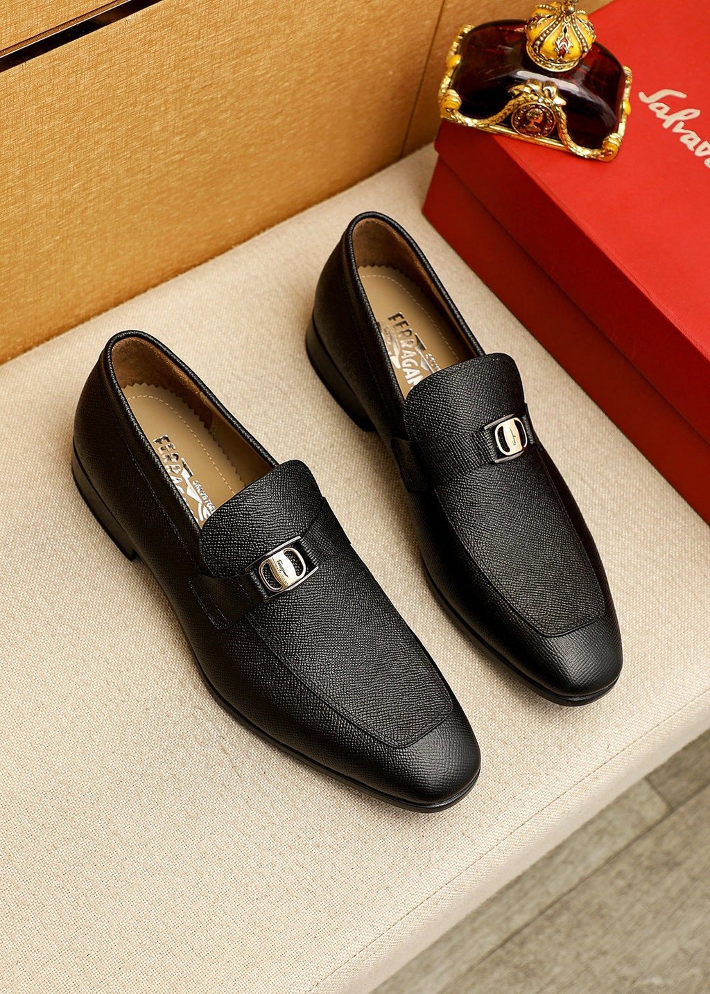 Ferragamo Black Buckle Loafers — front