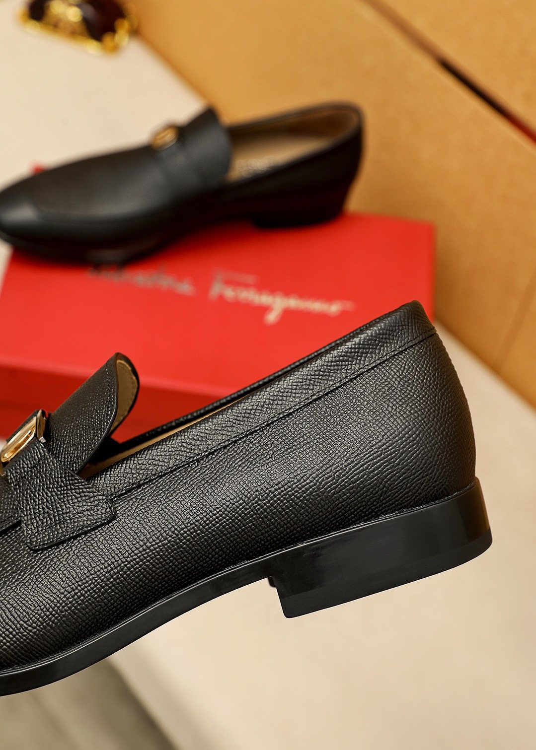 Ferragamo Black Buckle Loafers — side