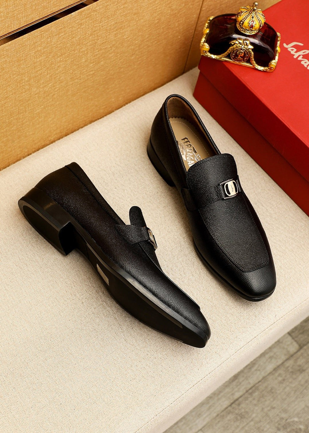 Ferragamo Black Buckle Loafers — model