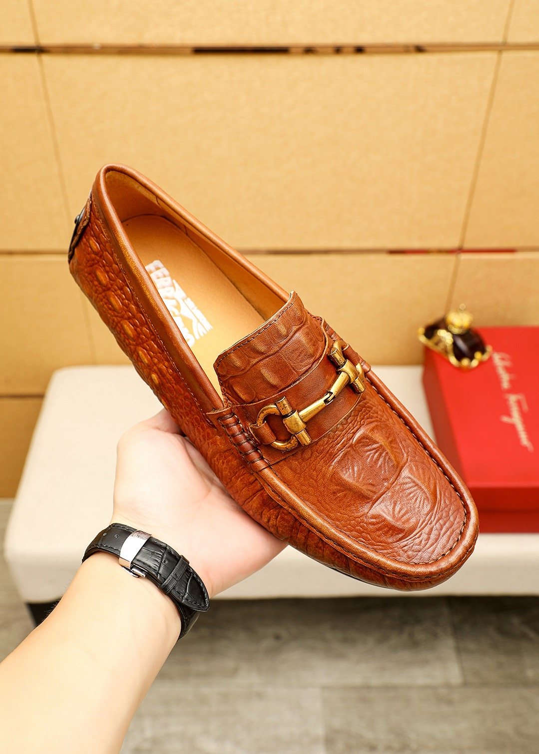 Ferragamo Brown Embossed Driving Loafers — model