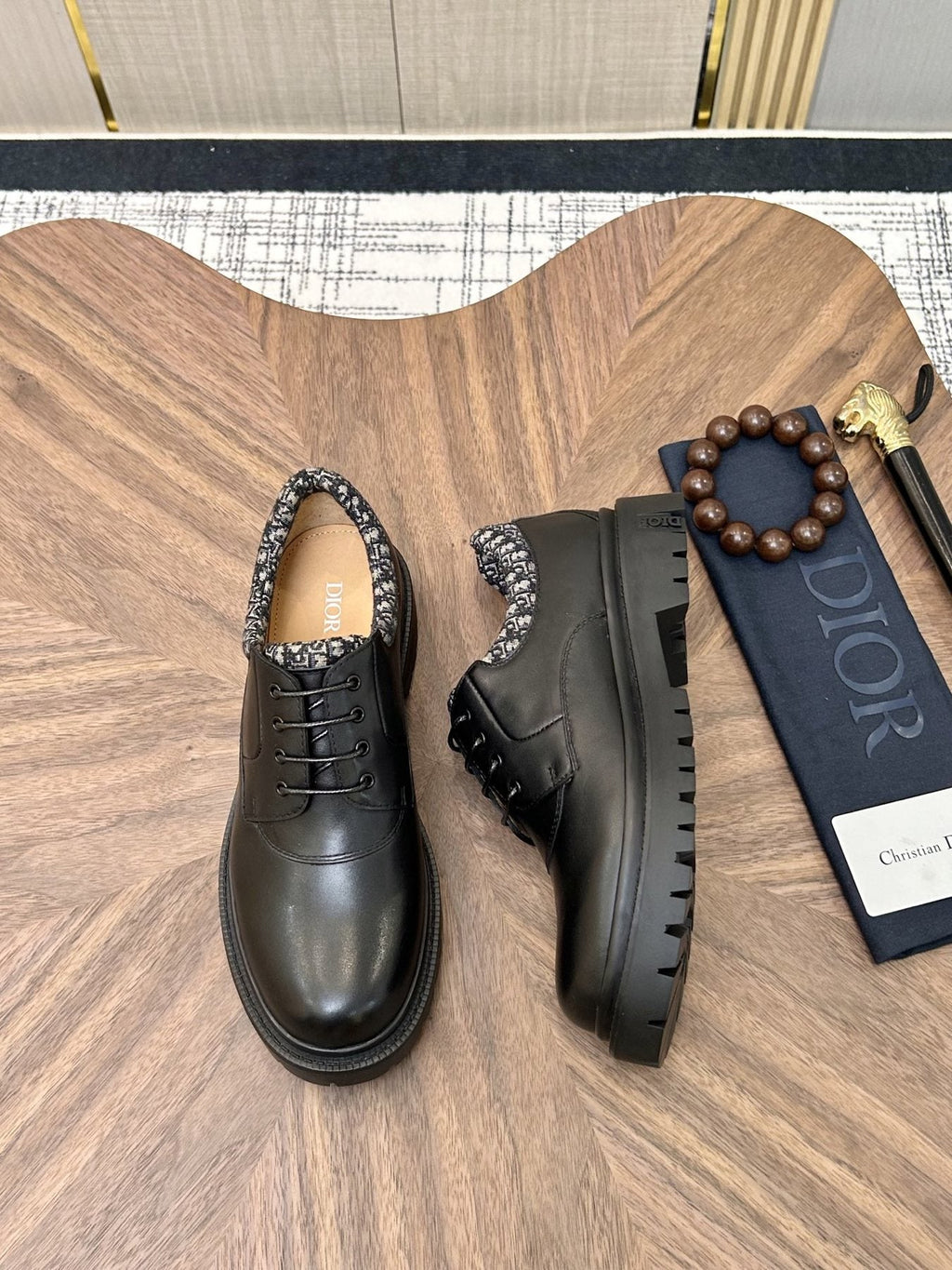 Dior Black Patterned-Collar Lace-Up Shoes — side