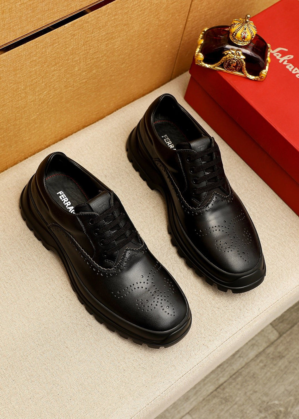 Ferragamo Black Perforated Lace-Up Shoes — front