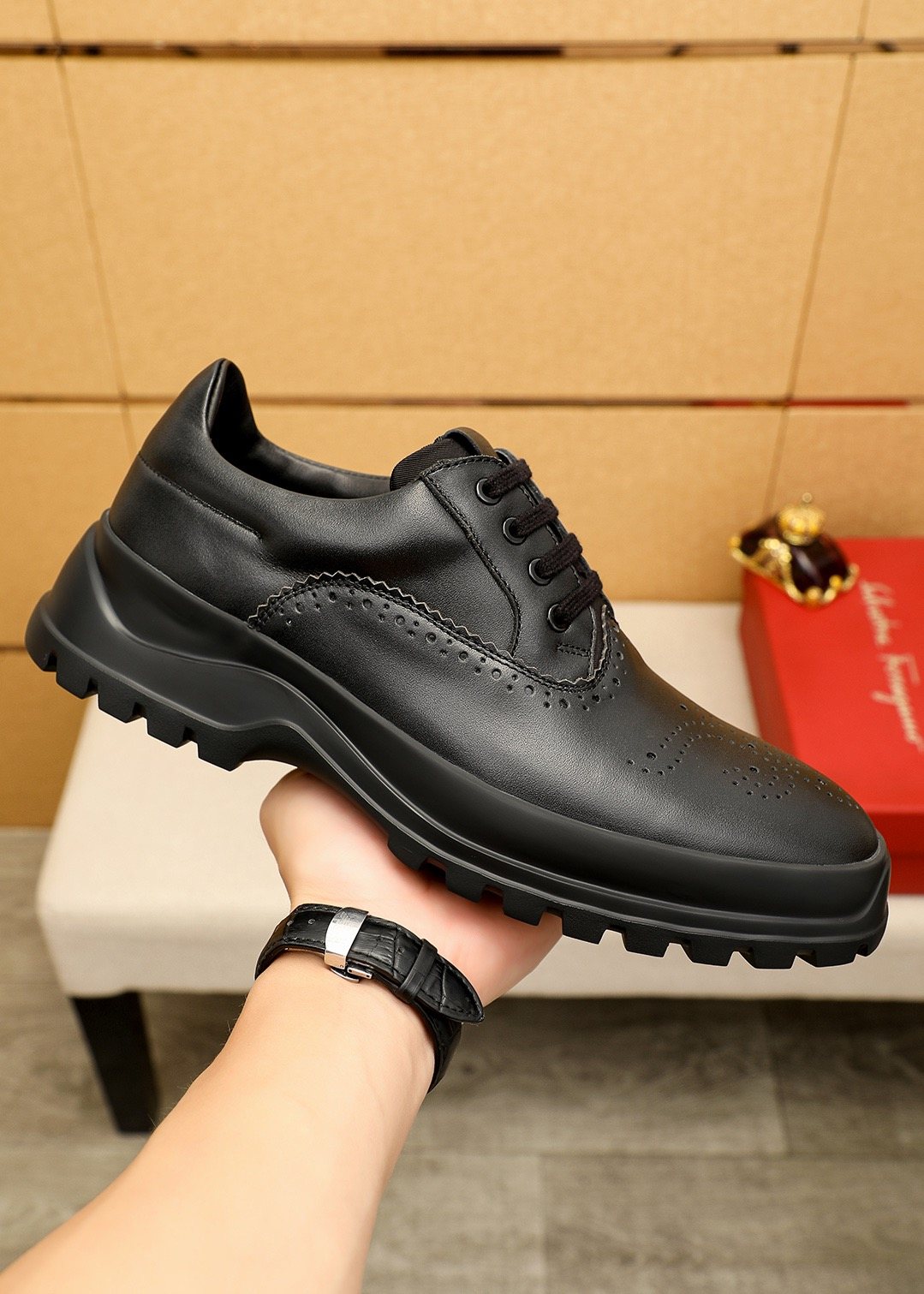 Ferragamo Black Perforated Lace-Up Shoes — front