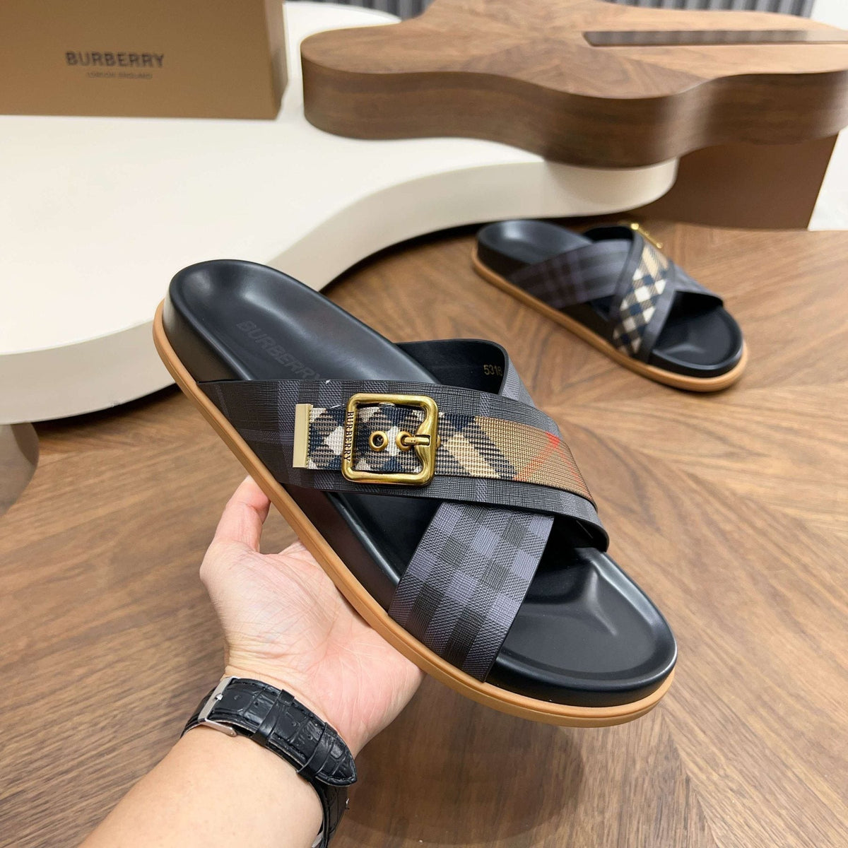 Burberry Charcoal Check Buckle Slide Sandals — side