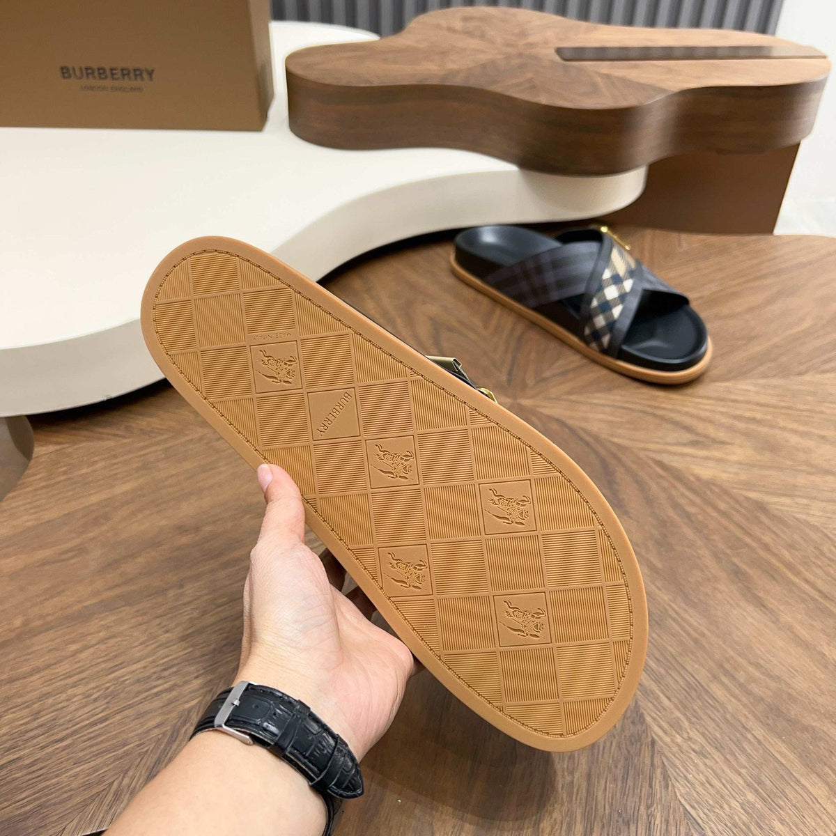 Burberry Charcoal Check Buckle Slide Sandals — back