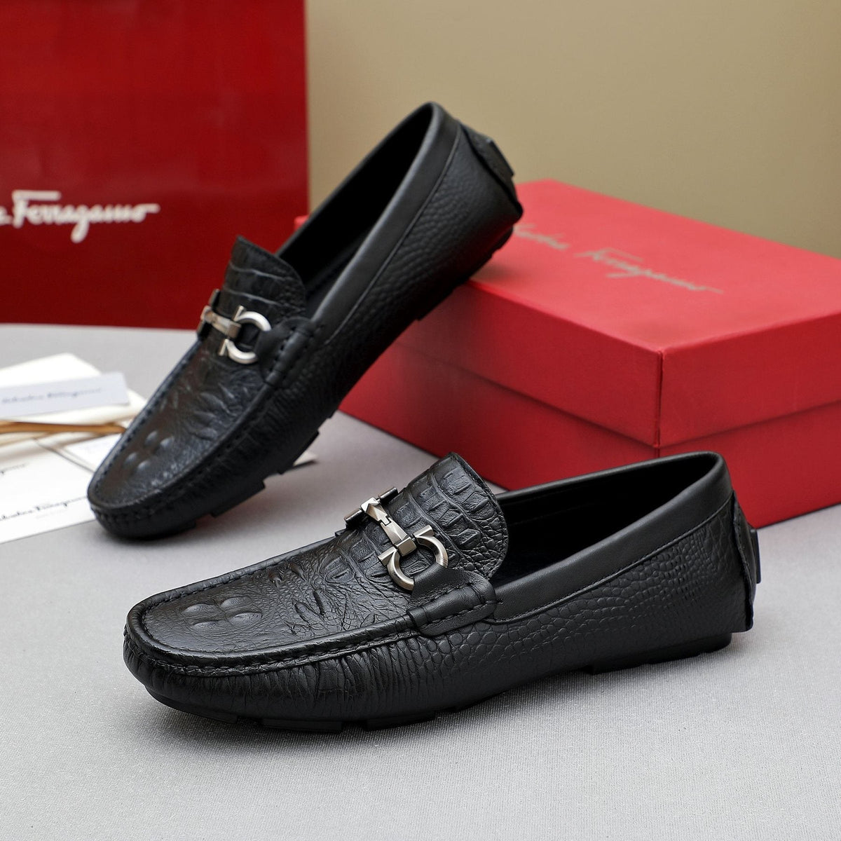 Ferragamo Black Textured Loafers — side