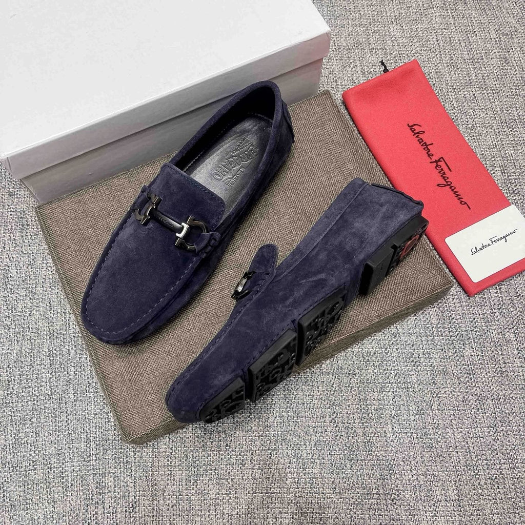 Ferragamo Navy Blue Bit Loafers — side