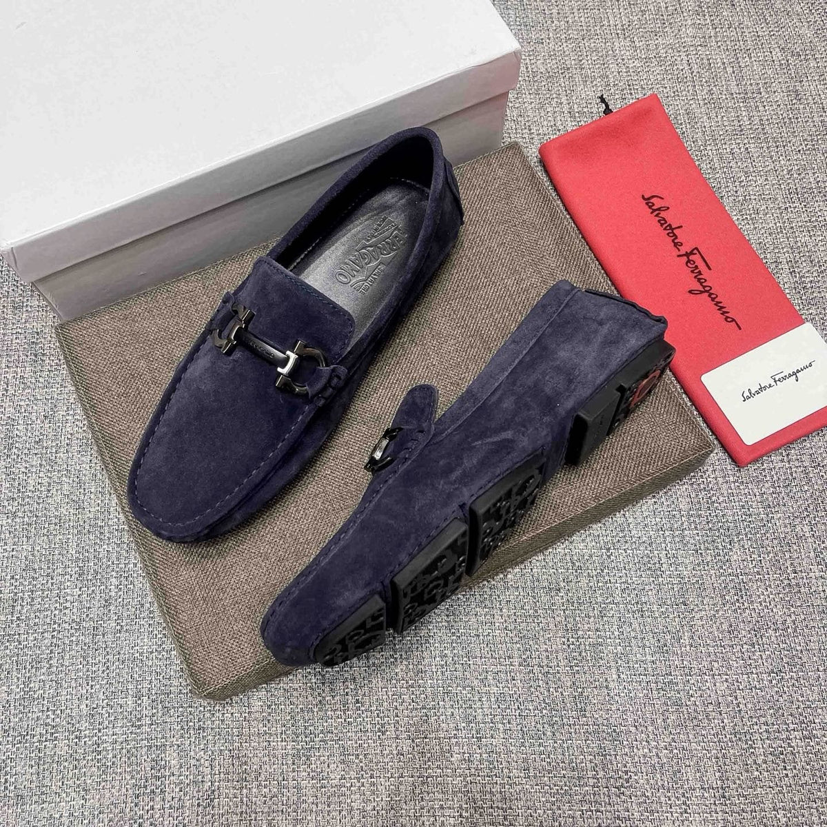 Ferragamo Navy Blue Bit Loafers — side