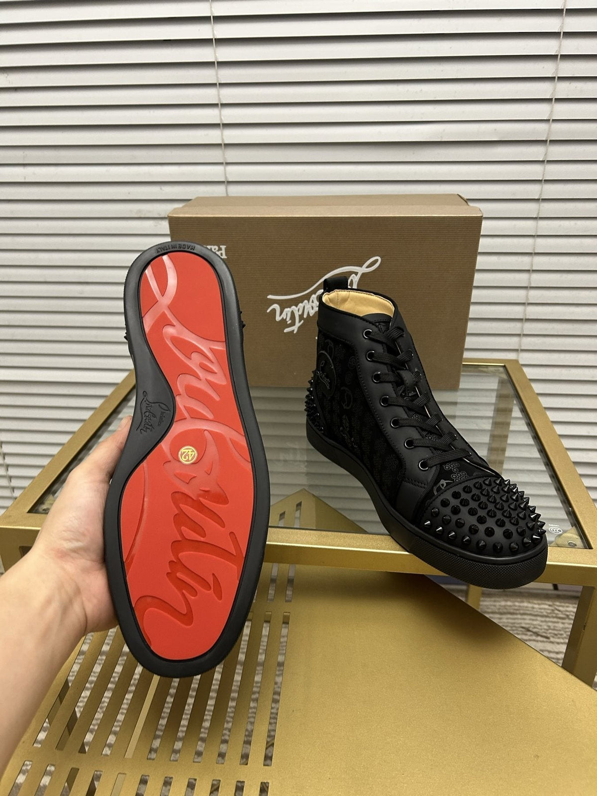 Christian Louboutin Black Studded High-Top Sneakers — side