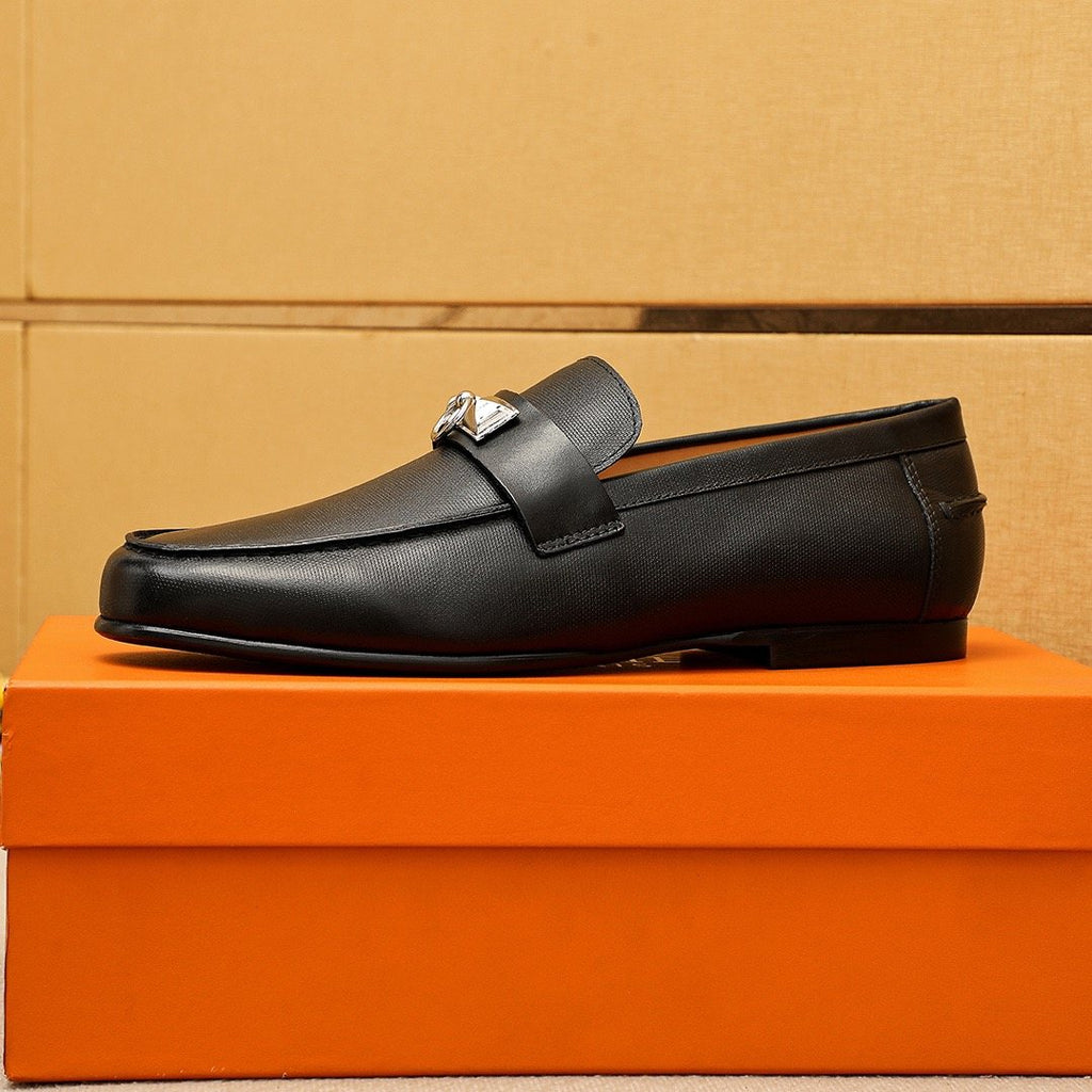 Hermes Black Leather Hardware Loafers — side