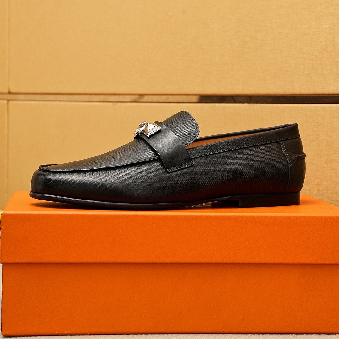 Hermes Black Leather Hardware Loafers — side