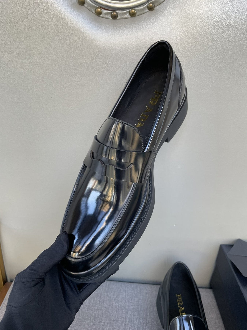 Prada Black Glossy Strap Loafers — model
