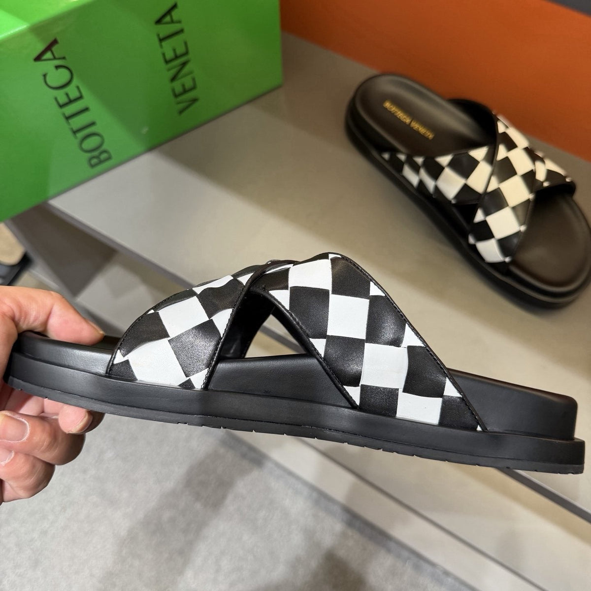 Bottega Veneta Woven Checkerboard Slide Sandals — side