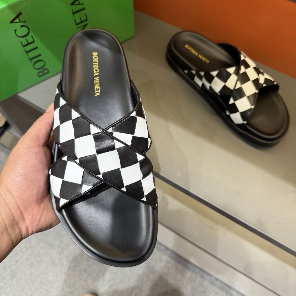 Bottega Veneta Woven Checkerboard Slide Sandals — model