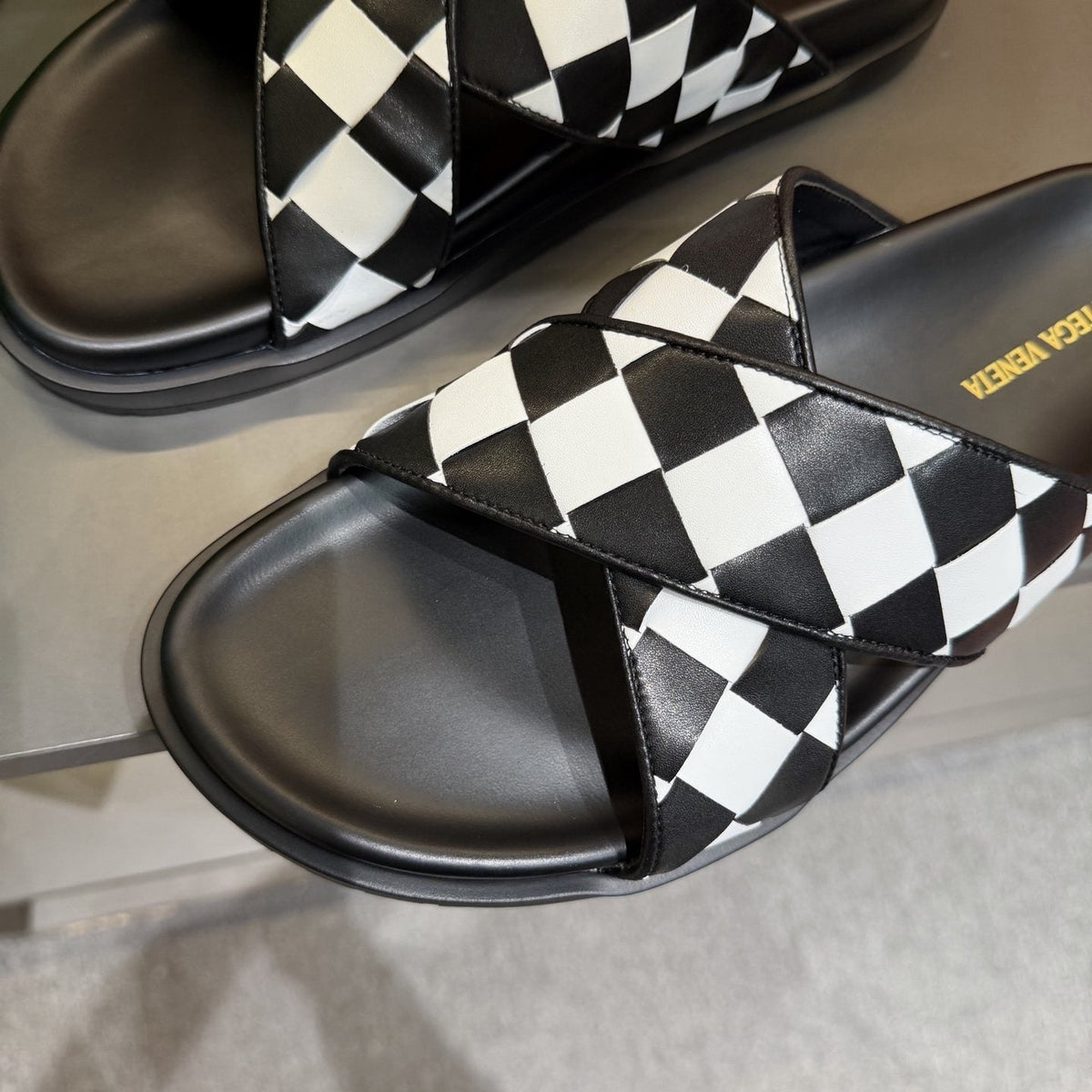 Bottega Veneta Woven Checkerboard Slide Sandals — detail