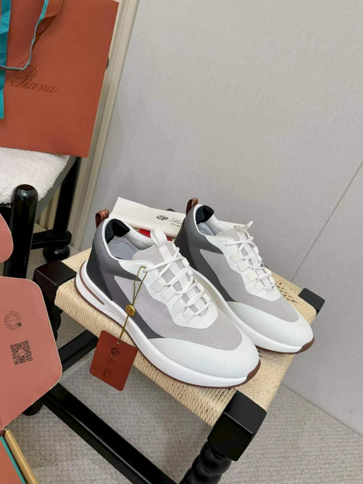 Loro Piana White & Gray Low-Top Sneakers — front