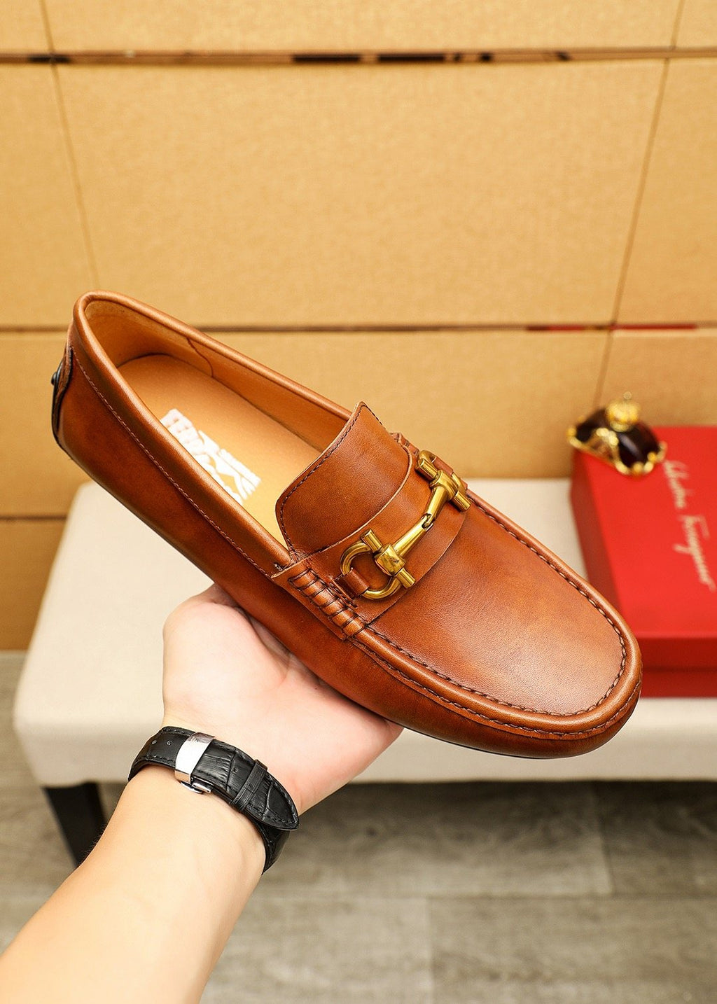 Ferragamo Brown Bit Loafers — model