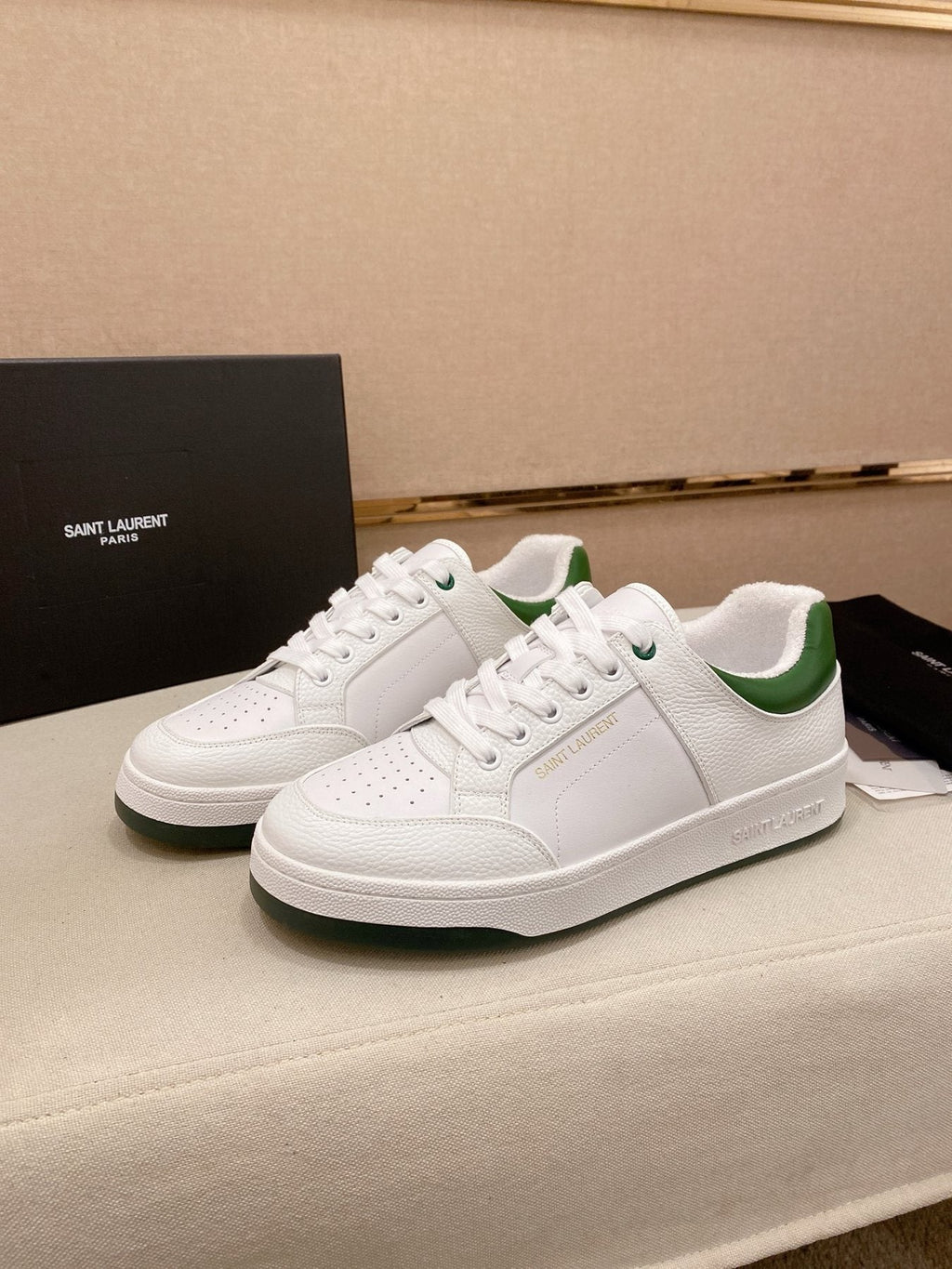 Saint Laurent White and Green Low-Top Sneakers — front