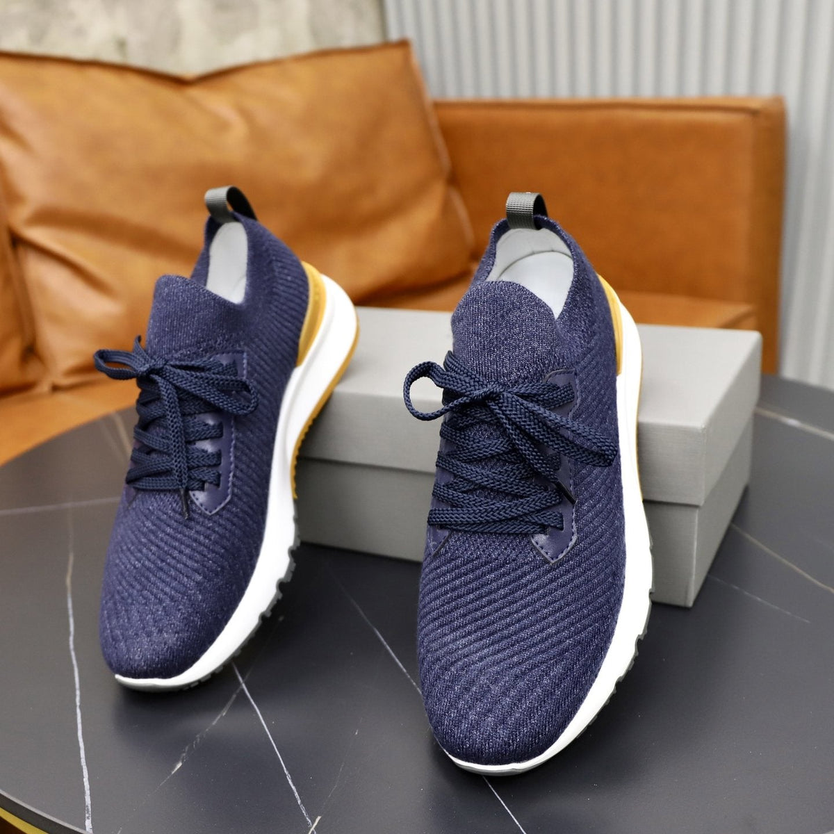 Brunello Cucinelli Navy Textured Sneakers — front