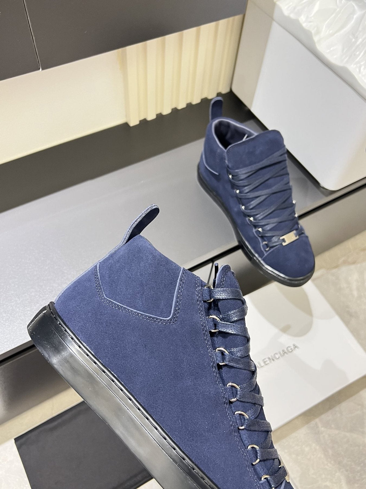 Balenciaga Navy Blue Lace-Up High-Top Sneakers — detail