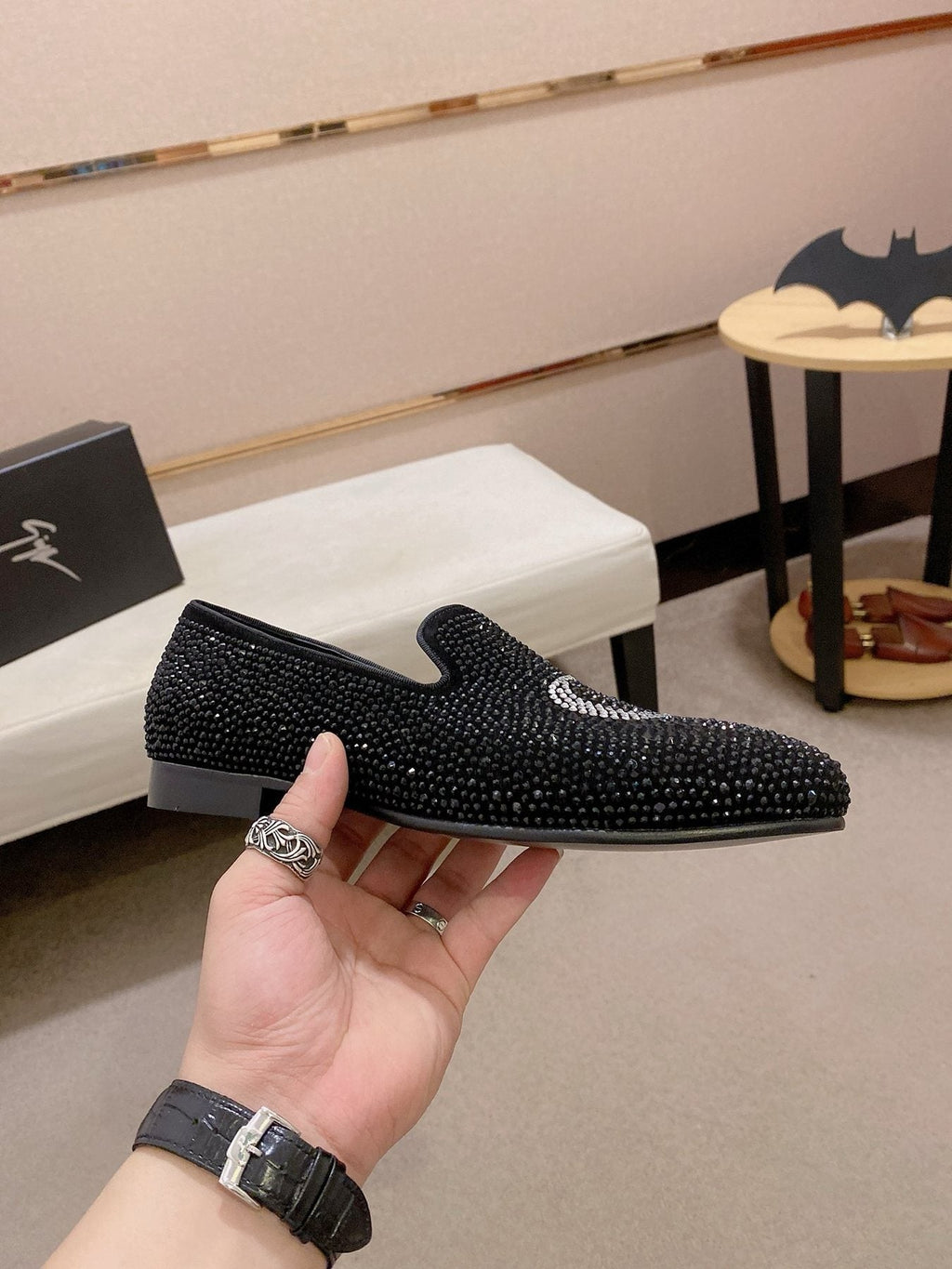 Giuseppe Zanotti Black Rhinestone Loafers — side