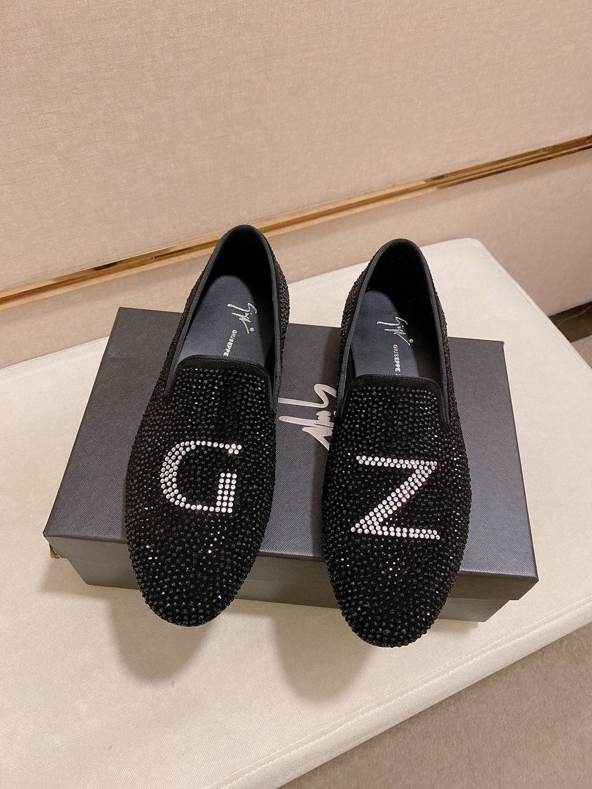 Giuseppe Zanotti Black Rhinestone Loafers — front