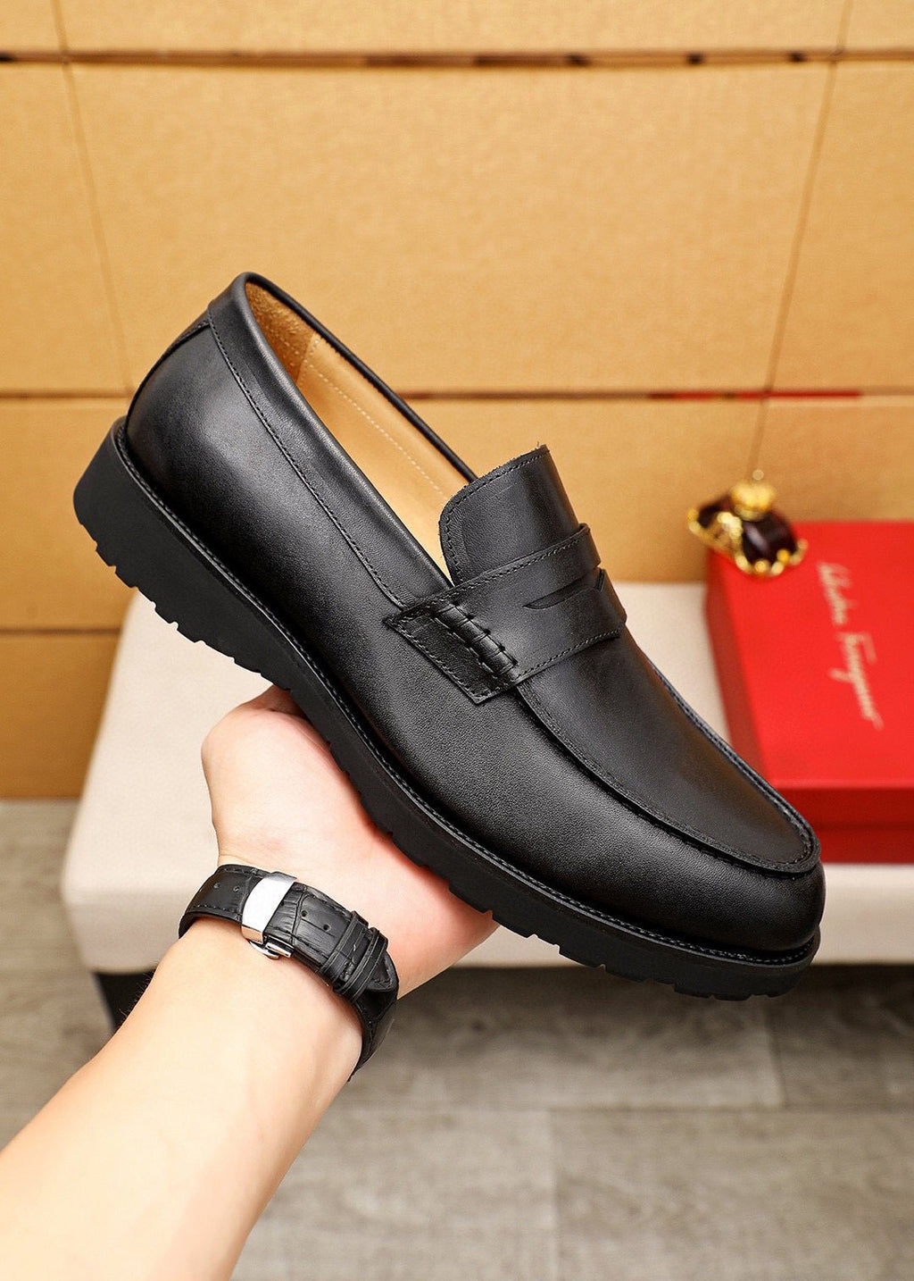 Ferragamo Black Strap Loafers — model