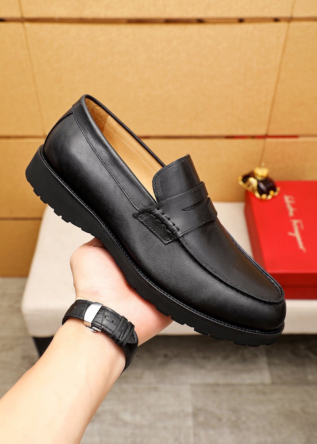 Ferragamo Black Strap Loafers — model